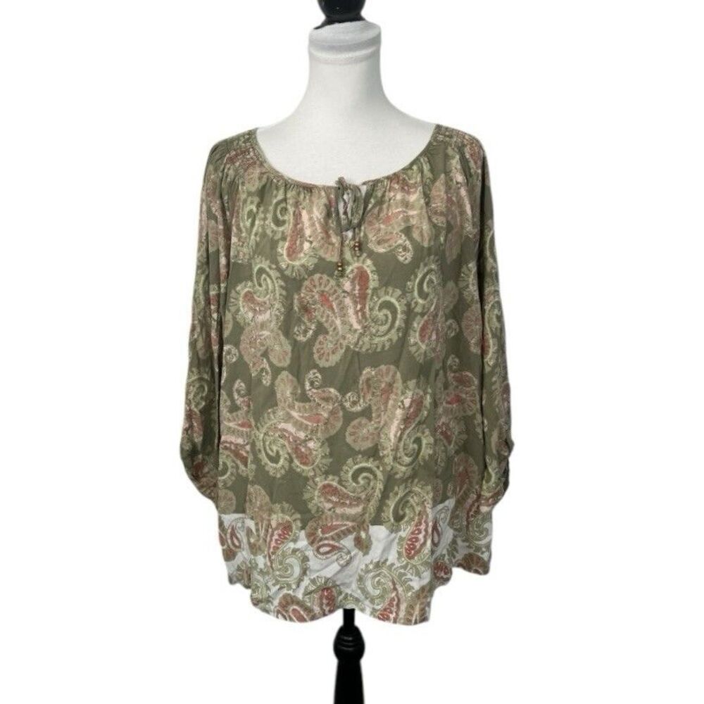 Ruby Rd Blouse Plus Sz 1X Multicolored Green Floral Paisley Whimsy Boho Peasant